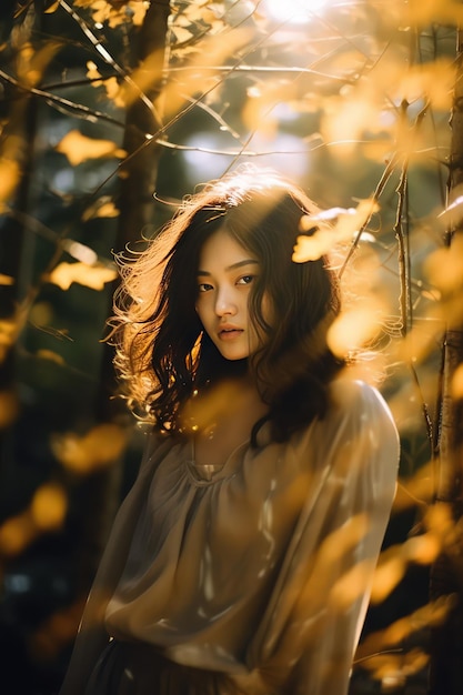 Foto joven mujer bruneta asiática de pie entre el bosque de otoño rodeada de hojas amarillas con bokeh