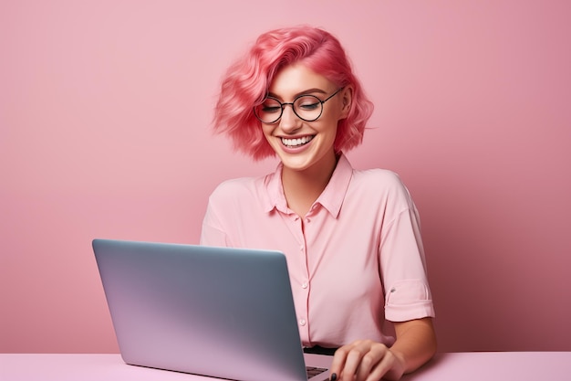 Joven mujer de cabello rosa sobre fondo colorido aislado trabajando con una computadora portátil