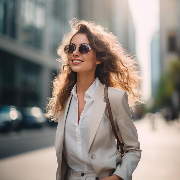 joven mujer caucásica profesional caminando por la calle de la ciudad en un brillante día soleado