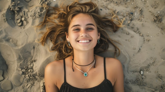 una joven mujer caucásica sonriente mujer sonriente tendida en la arena