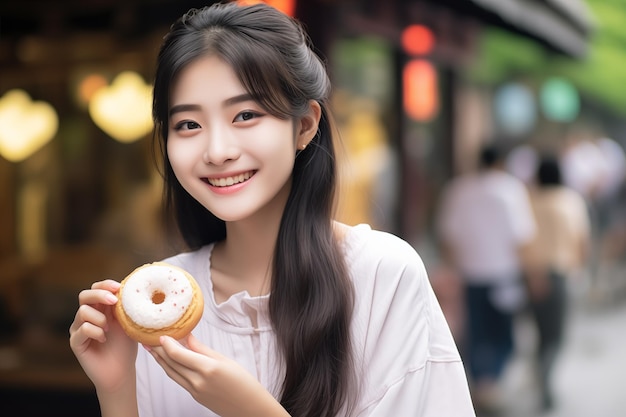 Joven mujer china bonita al aire libre sosteniendo una rosquilla