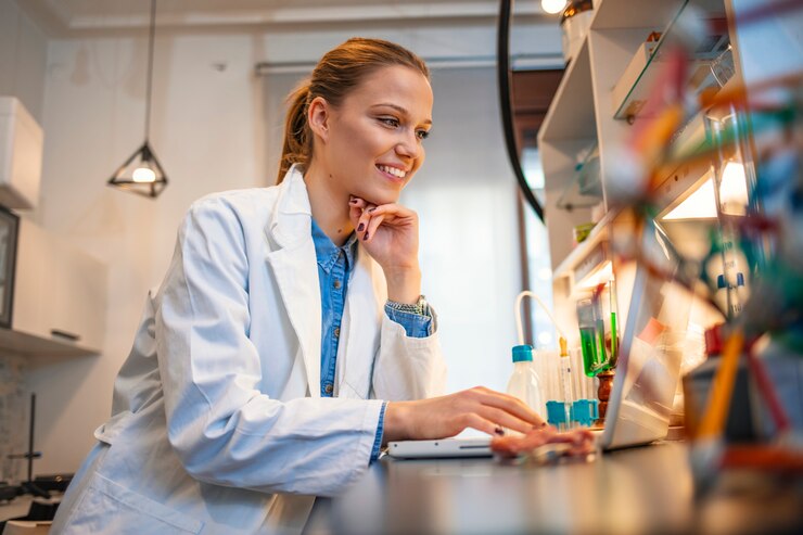 Joven mujer científico trabajando en la computadora en un laboratorio