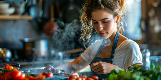 Foto joven mujer cocinando en la cocina