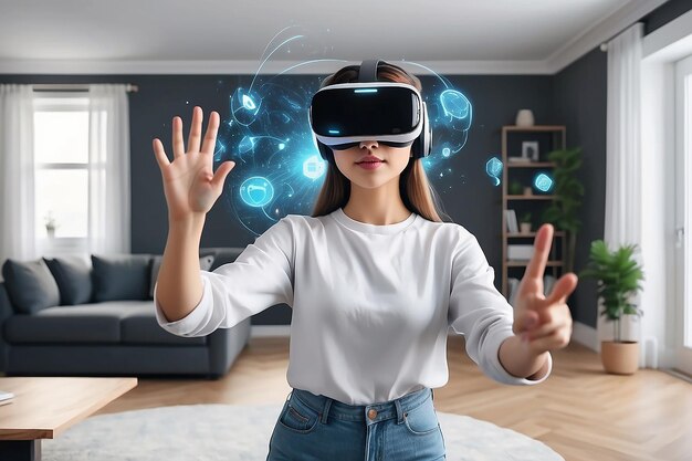 Foto joven mujer creativa que usa un auricular de realidad virtual en casa entra en el universo digital de internet en 3d con avatares