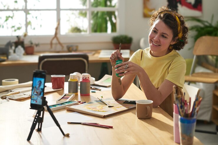 Foto joven mujer creativa sonriente con pincel y gouache durante la clase magistral