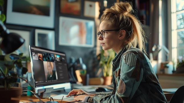Joven mujer creativa trabajando en su computadora en una oficina casera moderna Ella lleva un traje casual y gafas y tiene el cabello en un pan