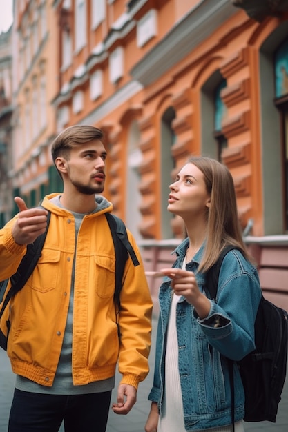 Un joven y una mujer dando un recorrido por la ciudad a los turistas