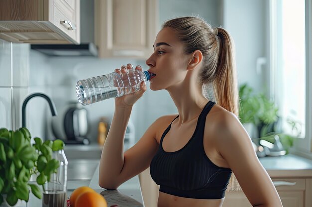 Foto joven mujer deportiva bebiendo agua dulce