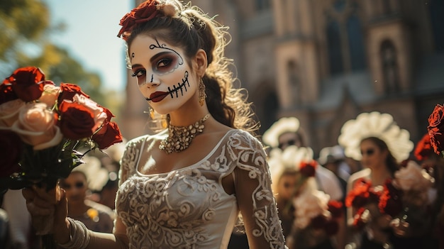 Joven mujer disfrazada de catrina com um vestido de bodas en el dia de muertos