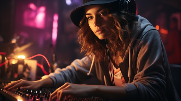 Joven mujer dj usando un mezclador para dj en un club nocturno generativo ai