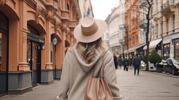 Joven mujer elegante de moda caminando por la calle de la ciudad vista trasera tiempo ventoso