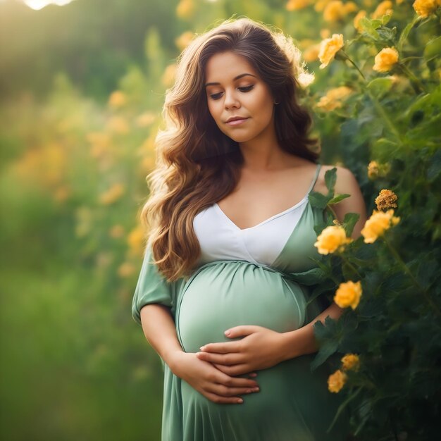 Joven mujer embarazada abrazando la belleza de la naturaleza al aire libre