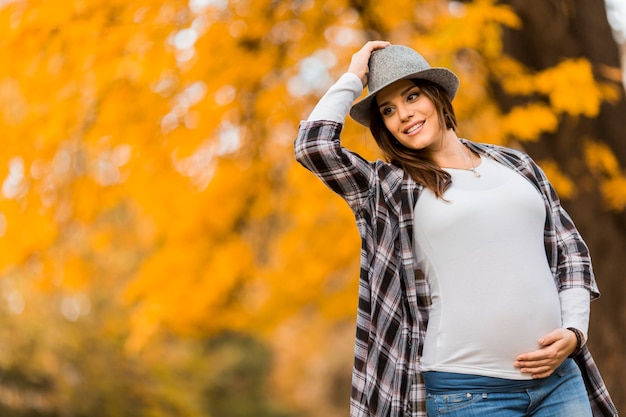 Joven mujer embarazada en el parque de otoño