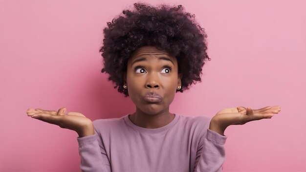 Joven mujer encantadora tiene piel oscura expresión sin idea y inconsciente bolsas labios miradas con rompecabezas