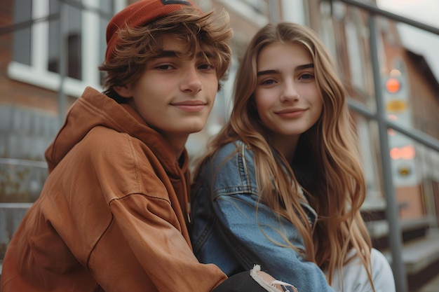 Un joven y una mujer están posando para una foto juntos fuera de un edificio con una puerta en el