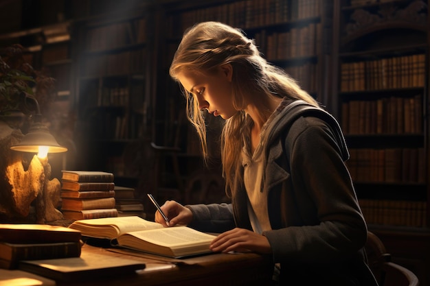 Joven mujer Estudiante en la biblioteca Estudiante en las bibliotecas leyendo libros generados por Ai