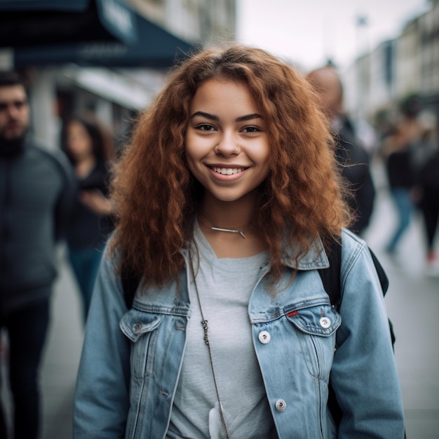 Joven Mujer Feliz Mujer Niña Brillante Día Soleado Calle Digital Generada Realista Imagen Fotográfica