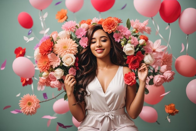 Joven mujer feliz natural con flores