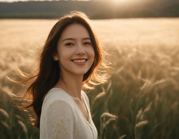 Joven mujer feliz y sonriente de pie en un campo con el sol brillando a través de su cabello