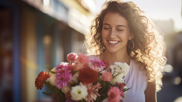 Joven mujer feliz sostiene un ramo de flores en sus manos