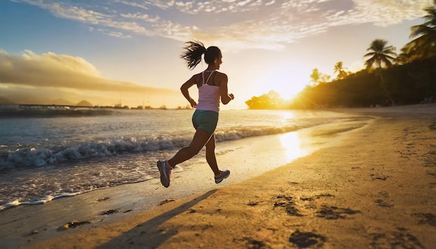 Joven mujer de fitness corriendo en la playa al amanecer concepto de estilo de vida saludable
