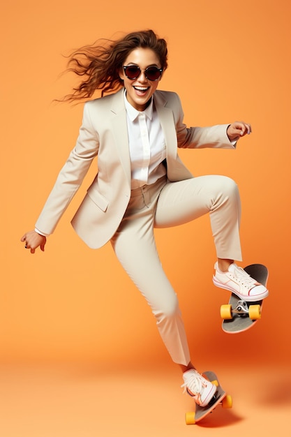 Joven mujer guapa y divertida con gafas con traje gris claro y zapatillas de deporte saltando