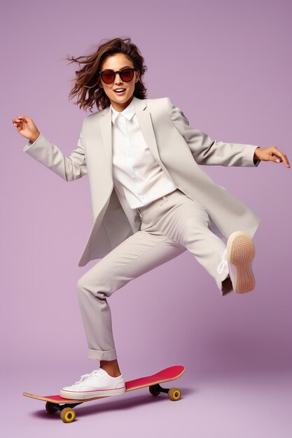 Joven mujer guapa y divertida con gafas con traje gris claro y zapatillas de deporte saltando