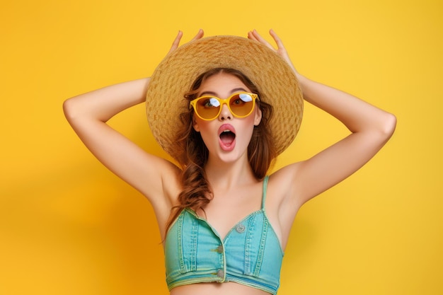 Foto la joven mujer guapa de la moda está sorprendida y emocionada en el fondo de color aislado del verano