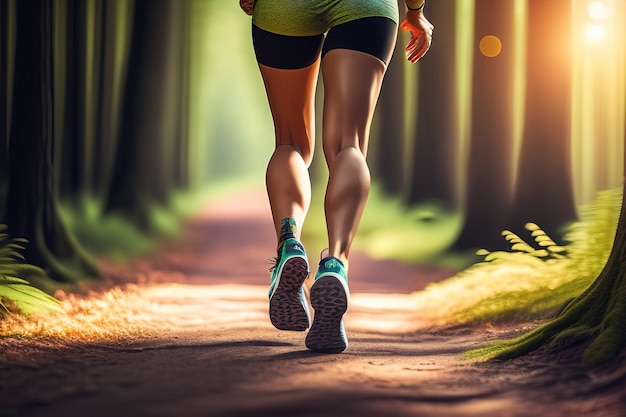 Joven mujer hermosa corriendo en el bosque primer plano de piernas femeninas corriendo