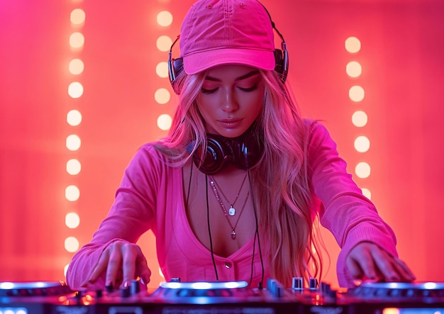 Foto joven mujer hermosa dj en luces de neón discoteca con juego de juego haciendo música de fiesta de club nocturno