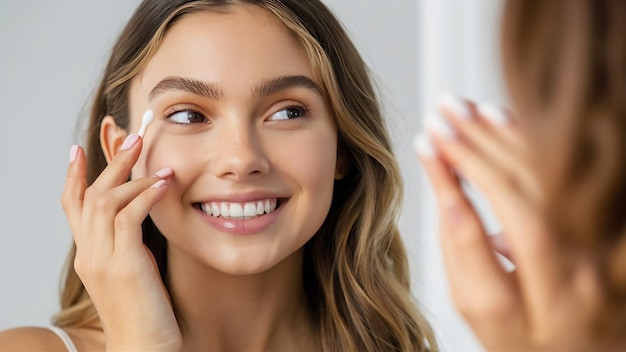 Foto joven mujer hermosa con un hisopo de algodón limpiándose la cara