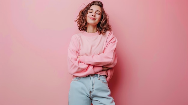 Joven mujer hermosa con los ojos cerrados posando sobre un fondo rosado Ella lleva una sudadera rosada y pantalones vaqueros azules