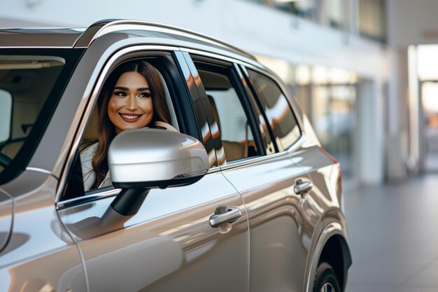 Joven mujer hermosa sonriente se sienta en el coche nuevo