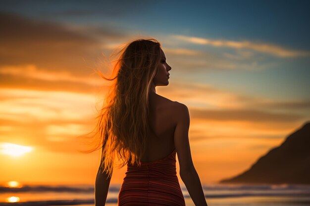 Joven mujer hermosa en traje de baño rojo de pie en la playa al atardecer