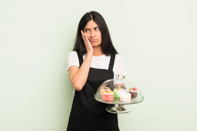 Joven mujer hispana bonita que se siente aburrida, frustrada y con sueño después de un chef aburrido con concepto de pasteles