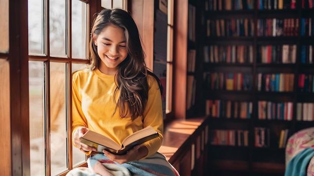 Joven mujer hispana con una camisa amarilla de pie junto a la ventana y leyendo un libro