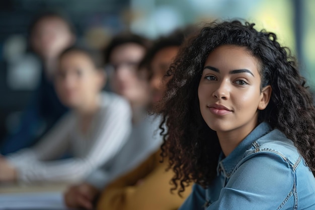 Joven mujer hispana escuchando una presentación en una reunión de grupo en la oficina