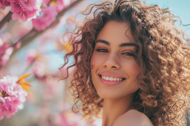 Joven mujer hispana entre las flores de primavera retrato de primavera