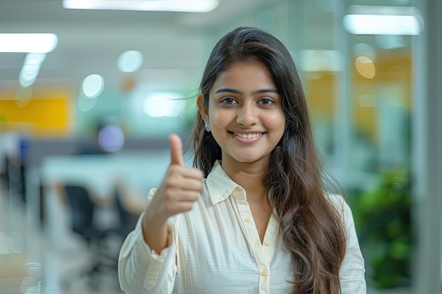 Joven mujer india profesional sonriendo y haciendo un gesto de pulgar hacia arriba mostrando confianza y positividad en un entorno ocupado