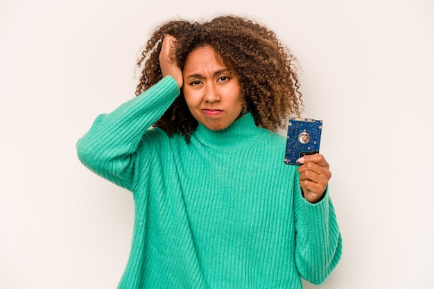 Joven mujer informática afroamericana aislada de fondo blanco sorprendida de haber recordado una reunión importante