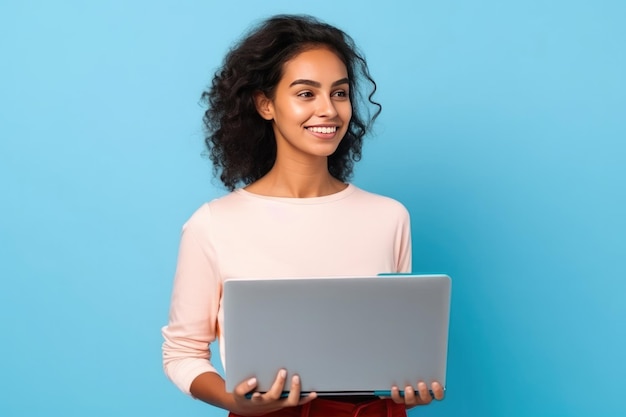 Joven mujer latina feliz utilizando un dispositivo portátil aislado sobre fondo azul.