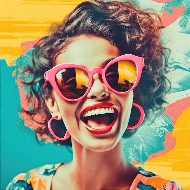 Joven mujer latina sonriente emocional optimista con gafas de sol rosas Collage de verano de moda IA generativa