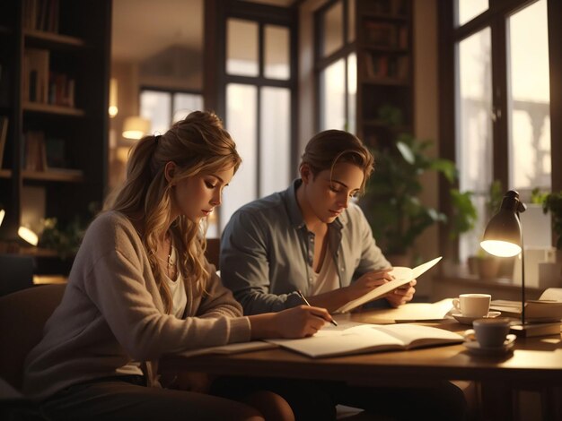 Un joven y una mujer leyendo un informe en una acogedora sala de lectura mientras trabajan desde casa
