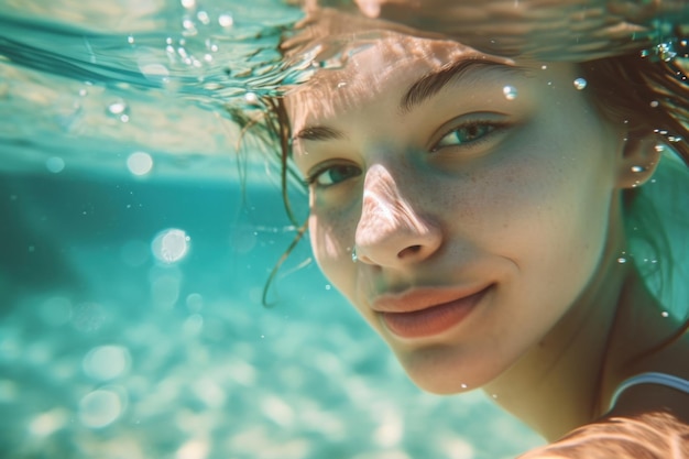 Joven mujer linda nadando bajo el agua en una piscina