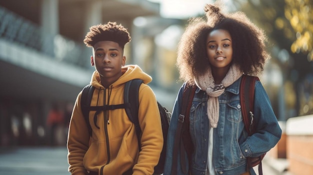 Joven y mujer con mochilas caminando por la calle.