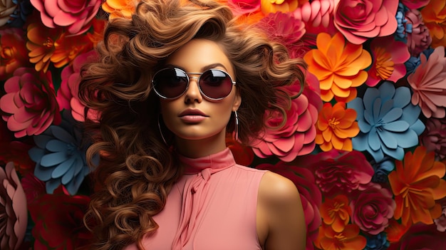 Joven mujer de moda con increíbles gafas de sol enormes colorido fondo tropical