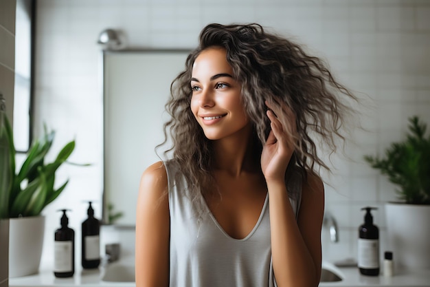 Foto joven mujer morena con cabello rizado corto se toca el cabello y sonríe foto horizontal.