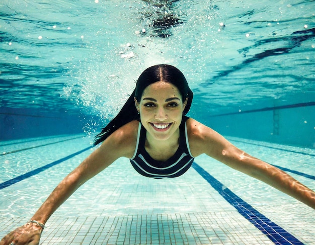 joven mujer morena nadadora en la piscina en una foto submarina