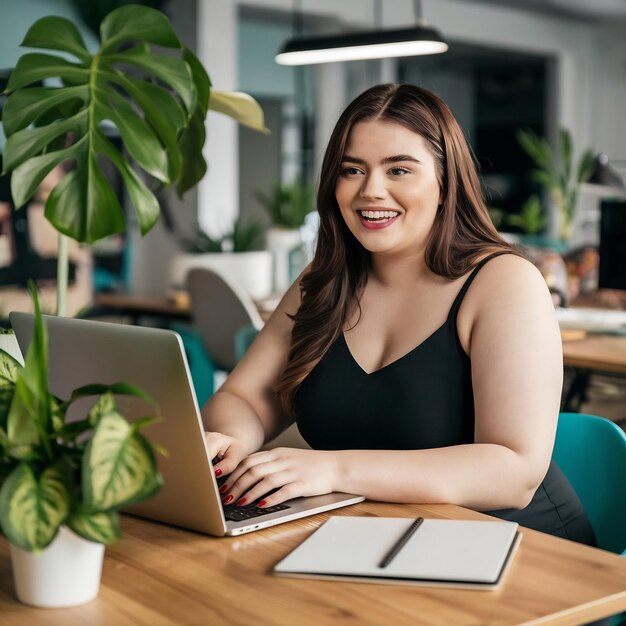 Foto joven mujer morena sonriente más tamaño trabajando en la computadora portátil en la mesa con planta de la casa en el mo brillante