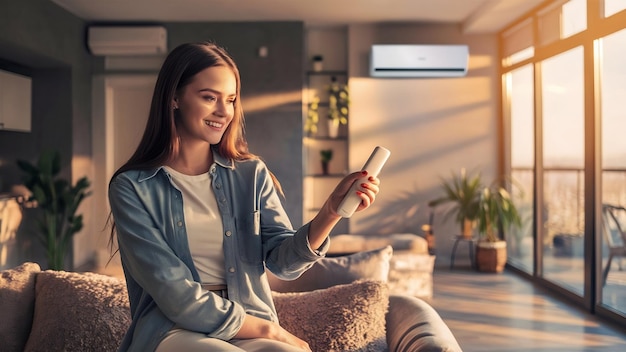 Foto joven mujer morena en su apartamento moderno